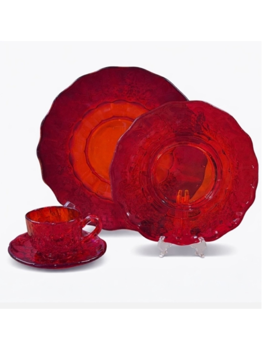 Westmoreland Paneled Grape Ruby Red Glass 4 Pc Place Setting Cup Saucer Plates
